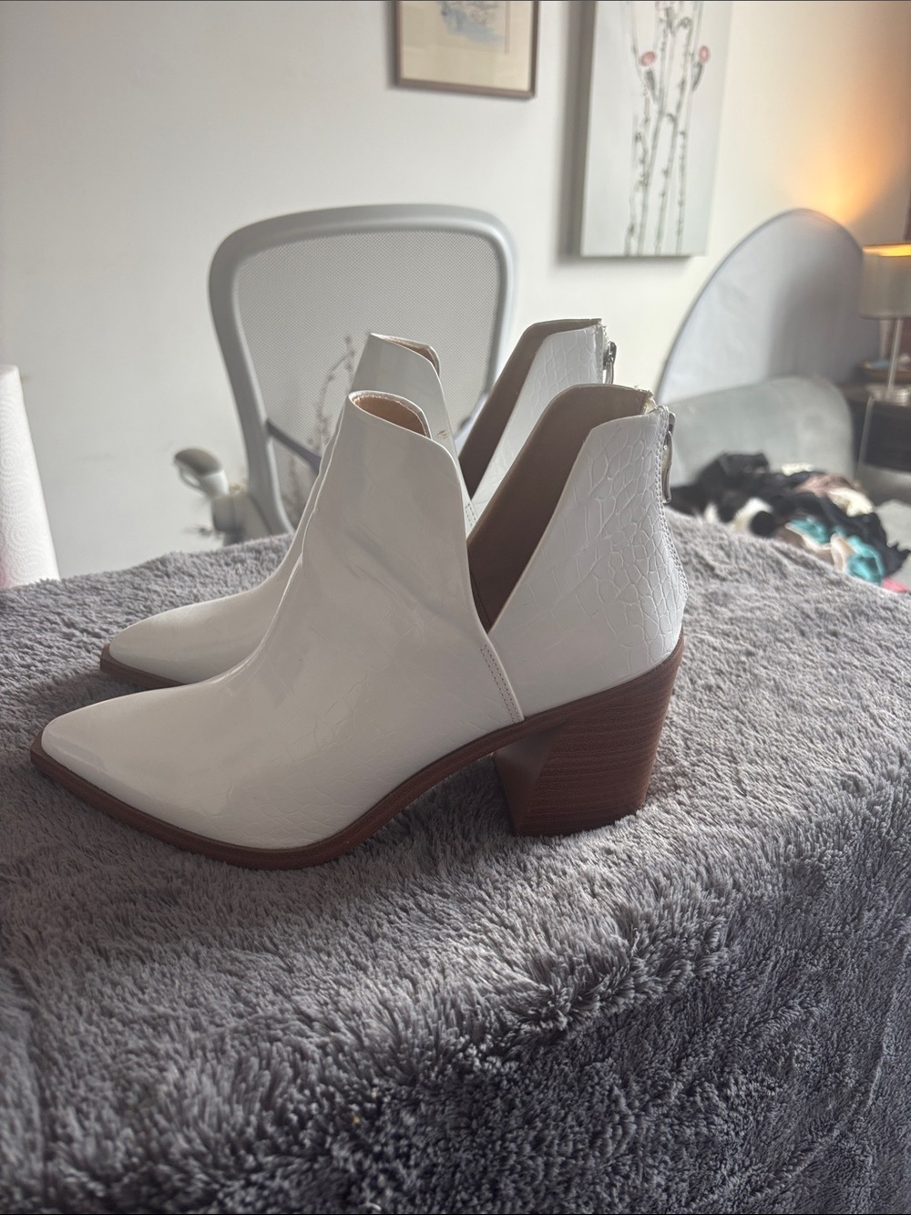 Patent White Cutout Ankle Booties with Stacked Heel